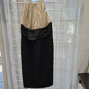 Carmen Marc Valvo Gold Sequin Halter & Black Midi Dress